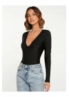 Kadın Siyah Derin V Yaka Uzun Kollu Vücudu Saran Sandy Kumaş Basic Bodysuit