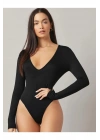 bysoca Kadın Siyah Derin V Yaka Uzun Kollu Vücudu Saran Sandy Kumaş Tanga Basic Bodysuit