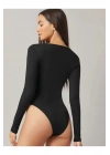 bysoca Kadın Siyah Derin V Yaka Uzun Kollu Vücudu Saran Sandy Kumaş Tanga Basic Bodysuit