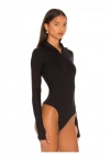Kadın Siyah Fermuarlı Dik Yaka Uzun Kollu Parmak Geçmeli Toparlayıcı Tanga Bodysuit