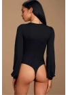 bysoca Kadın Siyah Geniş U Yaka Balon Kol Vücudu Saran Sandy Kumaş Tanga Basic Bodysuit