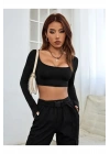 Kadın Siyah Geniş U Yaka Uzun Kollu Vücudu Saran Sandy Kumaş Basic Crop Top