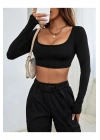 Kadın Siyah Geniş U Yaka Uzun Kollu Vücudu Saran Sandy Kumaş Basic Crop Top