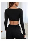 Kadın Siyah Geniş U Yaka Uzun Kollu Vücudu Saran Sandy Kumaş Basic Crop Top
