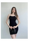 Kadın Siyah İp Askılı Vücudu Saran Basic Mini Kısa Esnek Kumaş Bodycon Elbise