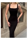 Kadın Siyah Kare Yaka Kalın Askılı Sırtı Açık Vücudu Saran Kaşkorse Uzun Maxi Boy Elbise