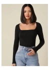 Kadın Siyah Kare Yaka Uzun Kollu İpek Jarse Vücudu Saran Basic Body Bluz