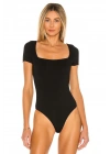 Kadın Siyah Kısa Kol Kare Yaka Vücudu Saran Basic Tanga Bodysuit