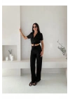 bysoca Kadın Siyah Kısa Kollu Crop Gömlek ve Yüksek Bel Bol Paça Pantolon 2li Keten Takım