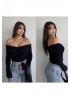 bysoca Kadın Siyah Madonna Yaka Düşük Omuz Çapraz Detaylı Yumuşak Dokulu Kışlık Triko Kazak