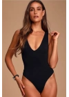 Kadın Siyah Ön ve Arka Derin V Yaka Sıfır Kol Sandy Kumaş Basic Tanga Bodysuit