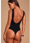 Kadın Siyah Ön ve Arka Derin V Yaka Sıfır Kol Sandy Kumaş Basic Tanga Bodysuit