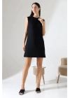Kadın Siyah Oversize Kolsuz Bisiklet Yaka Basic Viskon Kısa İçlik Tunik Elbise