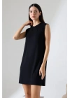 Kadın Siyah Oversize Kolsuz Bisiklet Yaka Basic Viskon Kısa İçlik Tunik Elbise