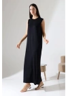 bysoca Kadın Siyah Oversize Sıfır Kol Bisiklet Yaka Uzun Maxi Basic Viskon İçlik Jile Elbise
