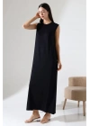 Kadın Siyah Oversize Sıfır Kol Bisiklet Yaka Uzun Maxi Basic Viskon İçlik Jile Elbise