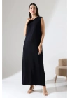 Kadın Siyah Oversize Sıfır Kol Bisiklet Yaka Uzun Maxi Basic Viskon İçlik Jile Elbise