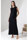 Kadın Siyah Oversize Sıfır Kol Bisiklet Yaka Uzun Maxi Basic Viskon İçlik Jile Elbise