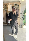 Kadın Siyah Oversize Yıkamalı Gabardin Gömlek ve Beli Lastikli Havuç Pantolon İkili Takım