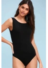 Kadın Siyah Sırt Dekolteli Bisiklet Yaka Sıfır Kol Sandy Kumaş Basic Tanga Bodysuit