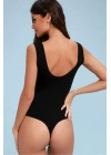 Kadın Siyah Sırt Dekolteli Bisiklet Yaka Sıfır Kol Sandy Kumaş Basic Tanga Bodysuit