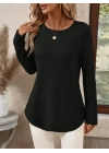 bysoca Kadın Siyah Sırtı Düğmeli Bisiklet Yaka Uzun Kollu Oval Etek Uçlu Waffle Kumaş Bluz Tunik
