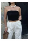 Kadın Siyah Straplez Fitilli Kaşkorse Sırtı Açık Basic Crop Top Büstiyer Bluz