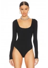 Kadın Siyah U Yaka Uzun Kollu İpek Jarse Vücudu Saran Basic Tanga Bodysuit