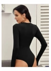 bysoca Kadın Siyah Uzun Kollu Bisiklet Yaka Vücudu Saran Sandy Kumaş Tanga Basic Bodysuit