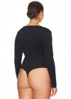 Kadın Siyah U Yaka Uzun Kollu Alttan Çıtçıtlı İpek Jarse Basic Tanga Bodysuit