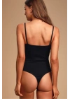 Kadın Siyah V Yaka İp Askılı Vücudu Saran Sandy Kumaş Tanga Basic Bodysuit