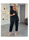 Kadın Siyah V Yaka Kol ve Paçası Payetli Tunik ve Rahat Kesim Pantolon Büyük Beden 2li Takım