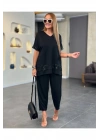 bysoca Kadın Siyah V Yaka Kol ve Paçası Payetli Tunik ve Rahat Kesim Pantolon Büyük Beden 2li Takım