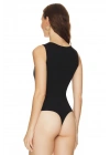 Kadın Siyah V Yaka Sıfır Kol Çift Kat Sandy Kumaş Vücudu Saran Basic Tanga Bodysuit