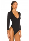Kadın Siyah V Yaka Uzun Kol Vücudu Saran Jarse Basic Tanga Bodysuit