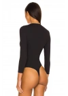 Kadın Siyah V Yaka Uzun Kol Vücudu Saran Jarse Basic Tanga Bodysuit