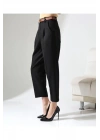 Kadın Siyah Yüksek Bel Pileli Straight Kemerli Bilek Boy Havuç Kesim Kumaş Pantolon