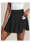 Kadın Siyah Yüksek Bel Toparlayıcı Şortlu Cepli Kloş Kesim Mini Kısa Spor Skort Tenisçi Eteği
