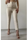 Kadın Taş Rengi Yüksek Bel Önü Pensli Havuç Kesim Bilek Boy Klasik Ofis Kumaş Pantolon