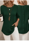 Kadın Yeşil Sırtı Düğmeli Bisiklet Yaka Uzun Kollu Oval Etek Uçlu Waffle Kumaş Bluz Tunik