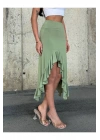 bysoca Kadın Yeşil Yüksek Bel Yırtmaçlı Fırfırlı Asimetrik Kesim Volanlı Rahat Midi Boy Etek