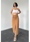 Camel Gabardin Boyamalı Püsküllü Etek