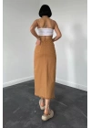 Camel Gabardin Boyamalı Püsküllü Etek