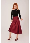 Çan Kesim Midi Bordo Saten Etek