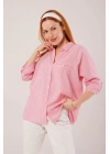 Cep Detay Çizgili Oversize Pembe Gömlek