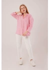 Cep Detay Çizgili Oversize Pembe Gömlek