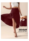bysoca Kadın Bordo Yüksek Bel Cepli Şortlu Asimetrik Yandan Yırtmaçlı Uzun Spor Yoga Eteği