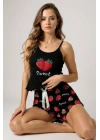 Çilek Baskılı Siyah Askılı Şortlu Pijama Takımı