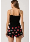 Çilek Baskılı Siyah Askılı Şortlu Pijama Takımı
