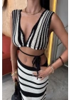 Çizgili Bikini Üst Ve Etek Triko Takım 10110